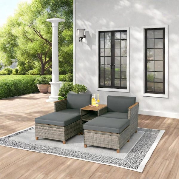 THY-HOM Arbor 5 Piece Wicker Patio Conversation Deep Seating Set with Dark Gray Cushions