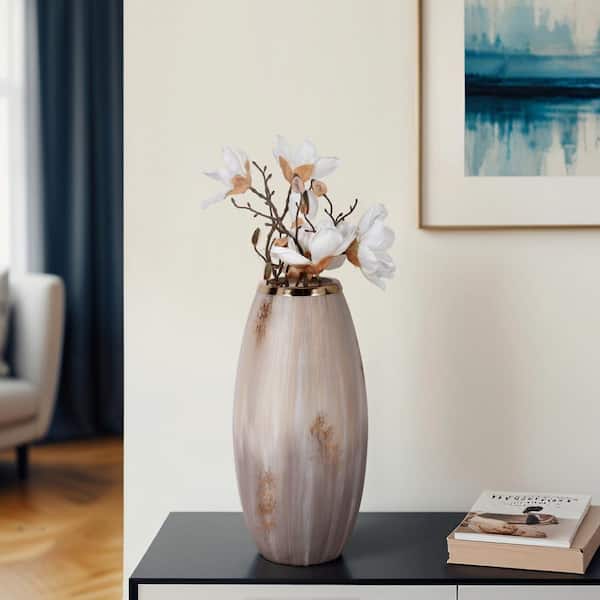 17 in. Ivory Glass Round Curved Opal Finish Decorative Vase