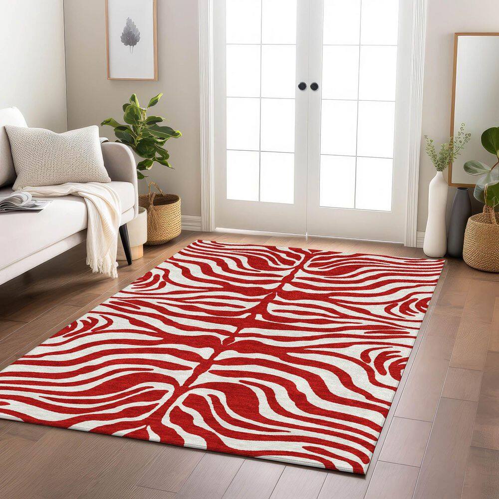 Red and White Zebra Pattern Washable Synthetic Area Rug