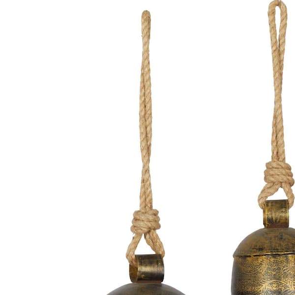 DecMode Tibetan Inspired Gold Metal Heart Decorative Bells with Hanging  Rope, 3 Count 