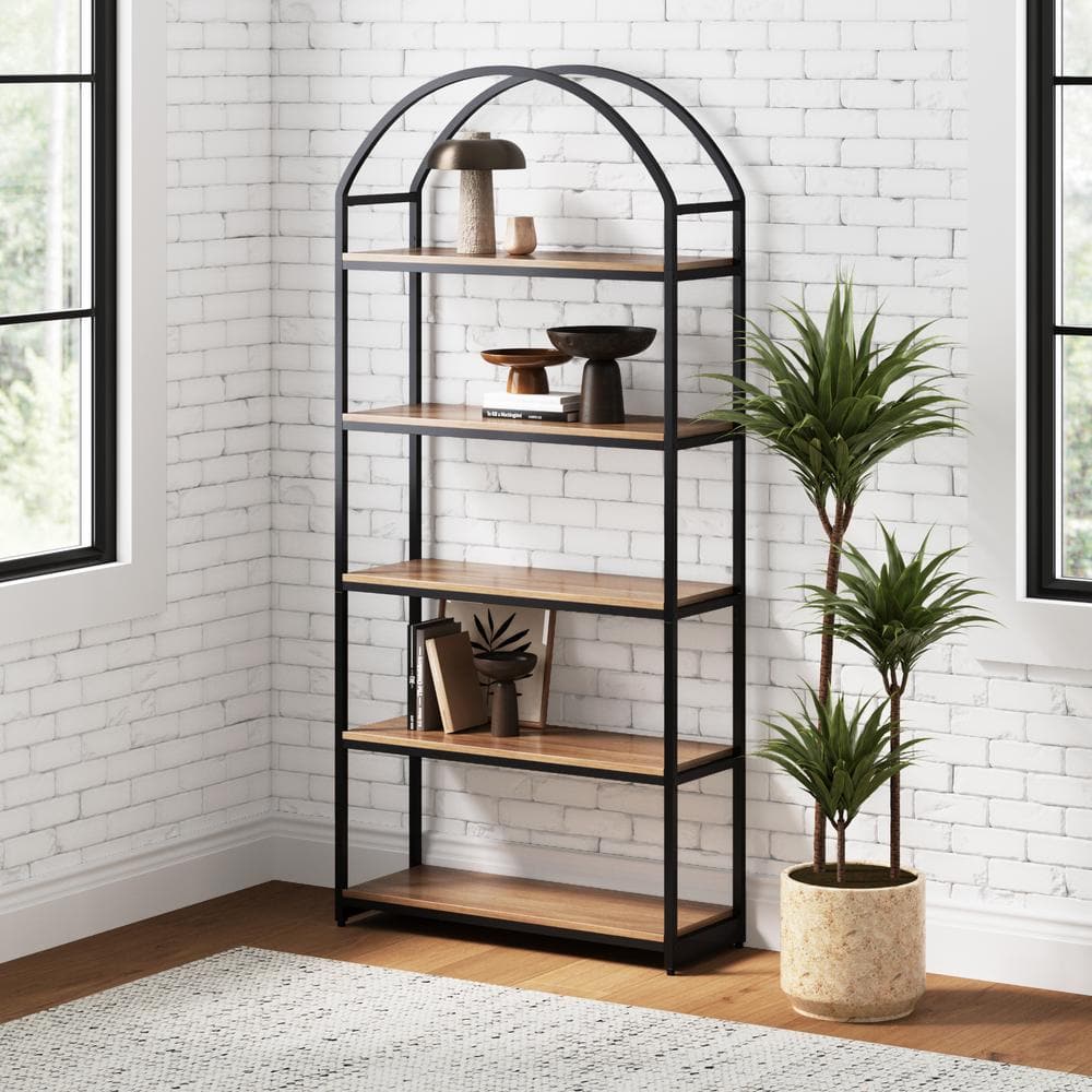 Nathan James Haven 72 in. Oak/Black 5-Shelf Etagere Bookshelf Oak Wood ...