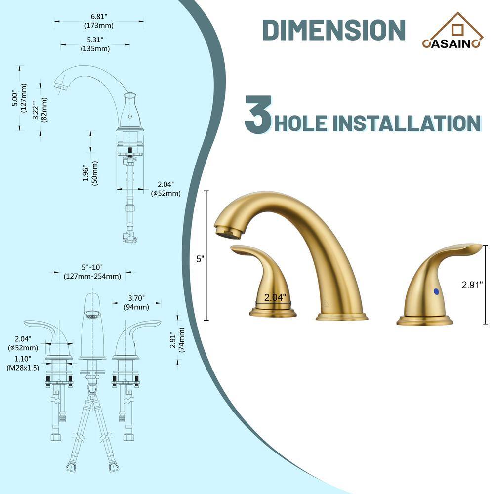 Brushed Gold Stainless Steel Widespread Bathroom Faucet with Drain