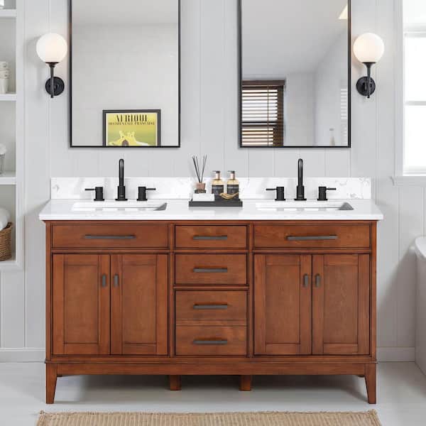 Madison 61 in. Double Sink Tobacco Bath Vanity with Cala White Engineered Stone Top