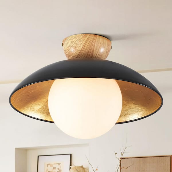 Dylan 14.56 in. W 1-Light Matte Black and Brushed Gold Semi-Flush Mount Ceiling Light with Opal Glass Shade