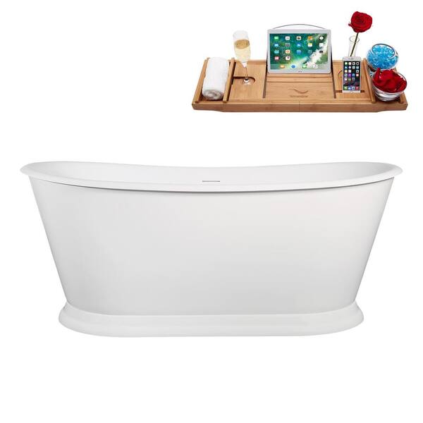 Streamline 67 in. x 32 in. Acrylic Freestanding Soaking Bathtub in Glossy White With Brushed Nickel Drain, Bamboo Tray