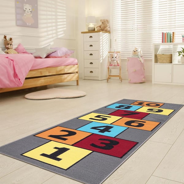 DoRlPIeY Kids Hopscotch Rug, 2' 7" X 4' Hop And Count Game Mat, Numbers Fun Anti Slip Pink Girl Floor Educational Carpet For Playroom Classroom Nursery And Bedroom