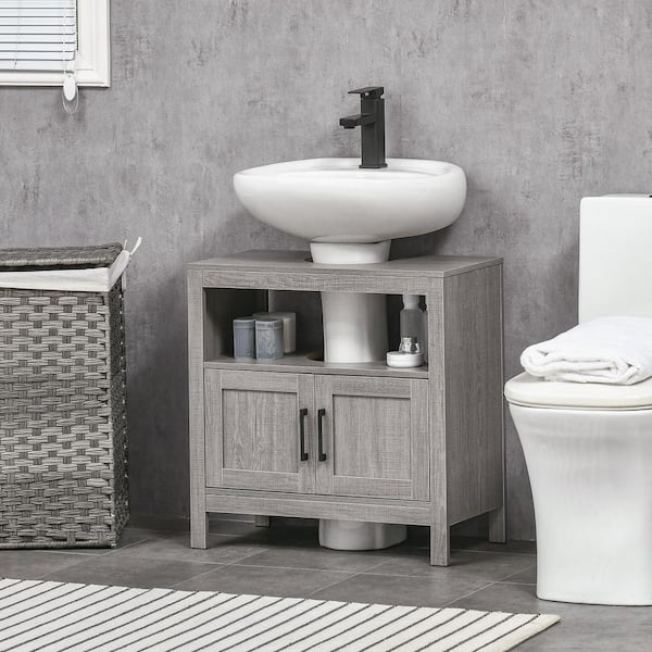 Pedestal Sink Storage Cabinet, Bathroom Under Sink Cabinet with 2 Doors and Open Shelf, Bathroom Vanity, Grey