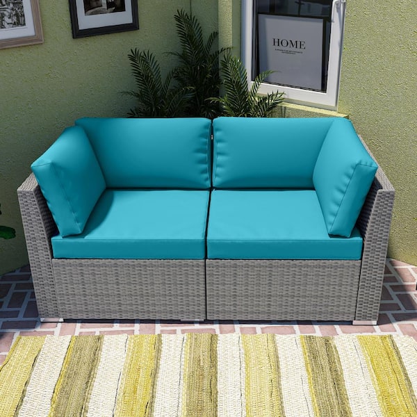EAGLE PEAK 2-Piece Wicker Outdoor Patio Conversation Seating Sofa Set with Cushions, Light Blue