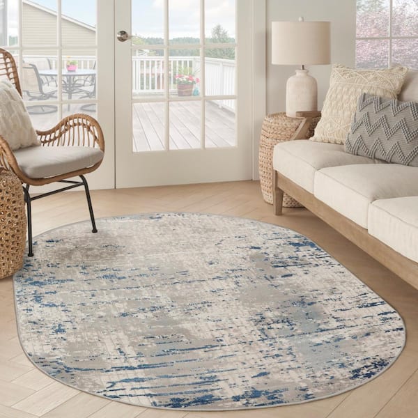 Concerto Ivory Grey Blue 6 ft. x 9 ft. Abstract Contemporary Oval Area Rug