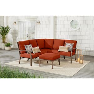 Geneva 6-Piece Brown Wicker Outdoor Patio Sectional Sofa Seating Set with Ottoman and CushionGuard Quarry Red Cushions