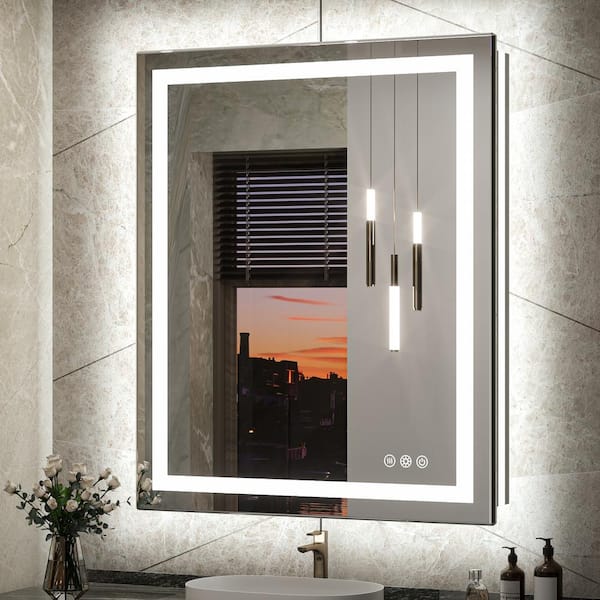 TETOTE 28 in. W x 36 in. H Rectangular Frameless LED Light Anti-Fog Wall Bathroom Vanity Mirror with Backlit and Front Light