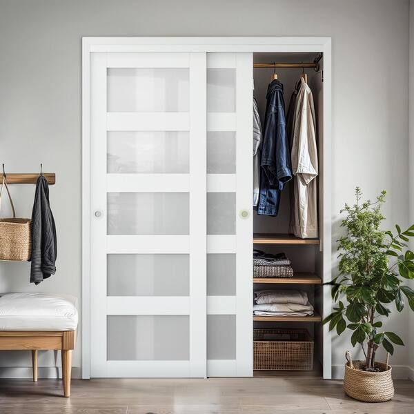 SOCBAZZAR 48 in. x 78.58 in. 5-Lite Frosted Glass White MDF Closet