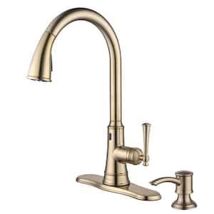 Hemming 1-Handle Touchless Pull Down Sprayer Kitchen Faucet with TurboSpray, FastMount and Soap Dispenser in Matte Gold