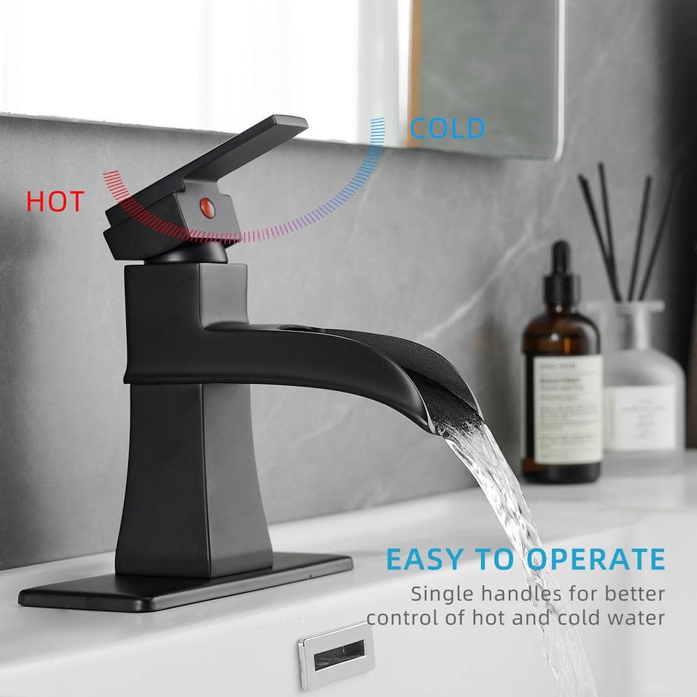 Matte Black Brass Single Handle Waterfall Bathroom Faucet with Deckplate