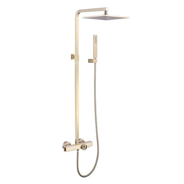 WELLFOR 2-Spray 10 in. Dual Wall Bar Fixed and Handheld Shower Head 1.5 GPM in Brushed Gold Shower System with Tub Faucet