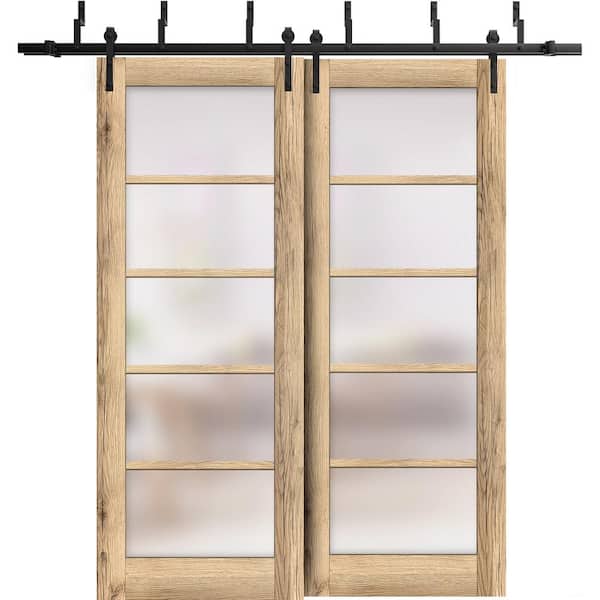 Sartodoors 84 in. x 96 in. 2 Panel Frosted Glass Oak Solid MDF Sliding Barn Door with Hardware Kit