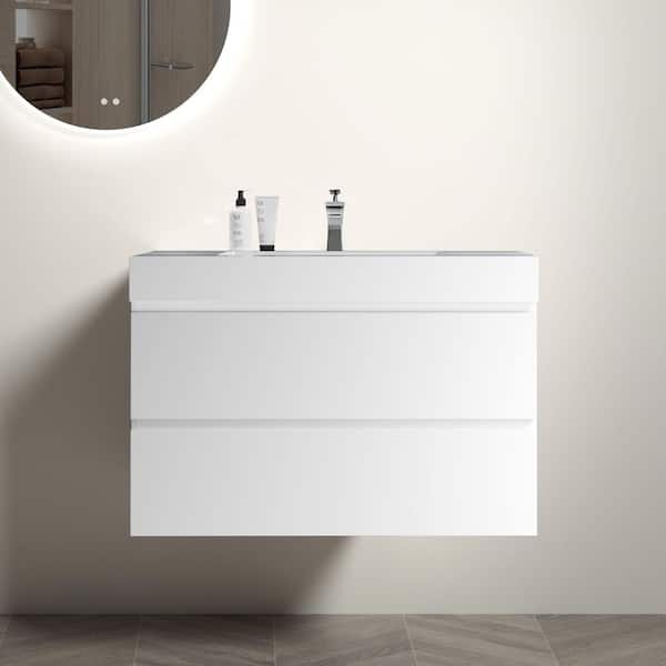 36 in. Single Sink Floating White Bath Vanity with White Ceramic Top (Assembled), DTC Soft-closing Drawers