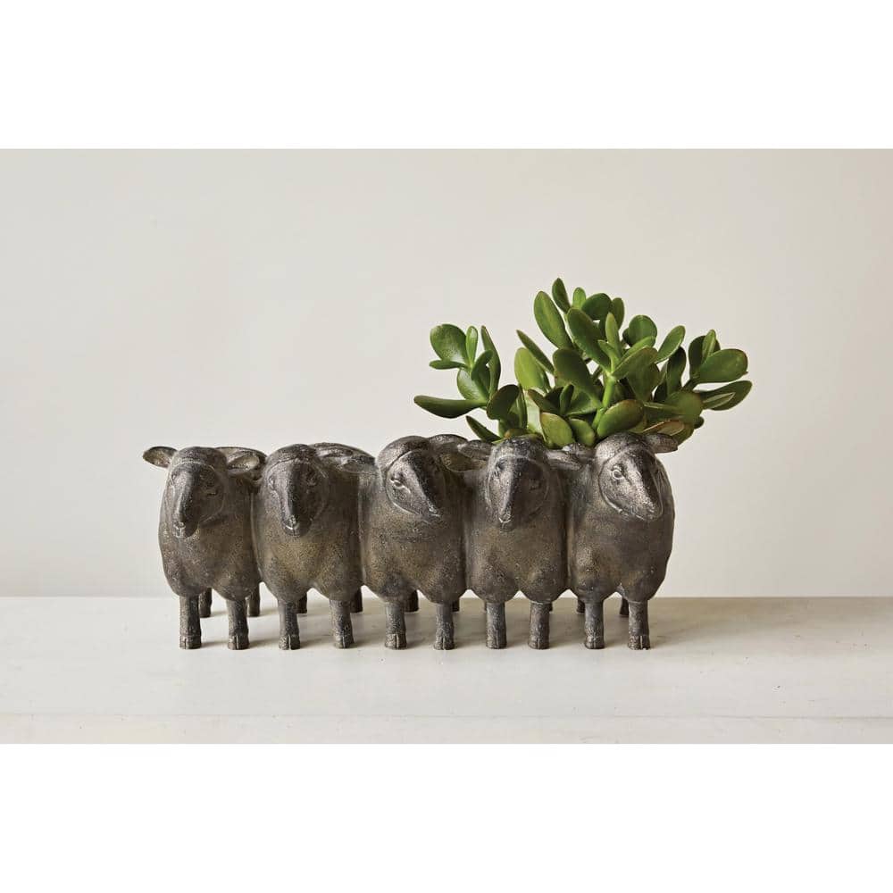 13" Gray Resin Sheep Planter with Distressed Iron Finish