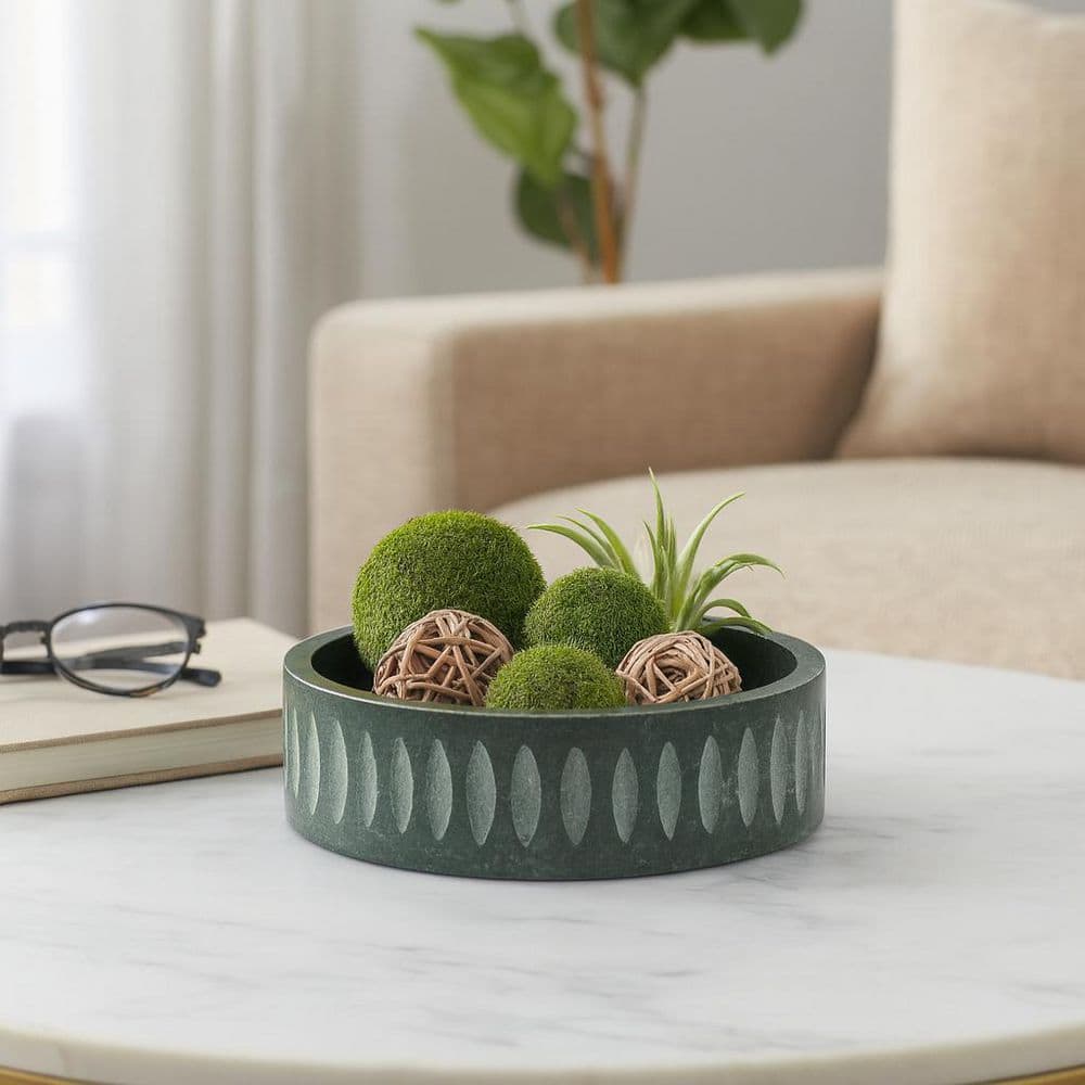 Green Round Marble Stone 12 in. Decorative Edge Pattern Bowl