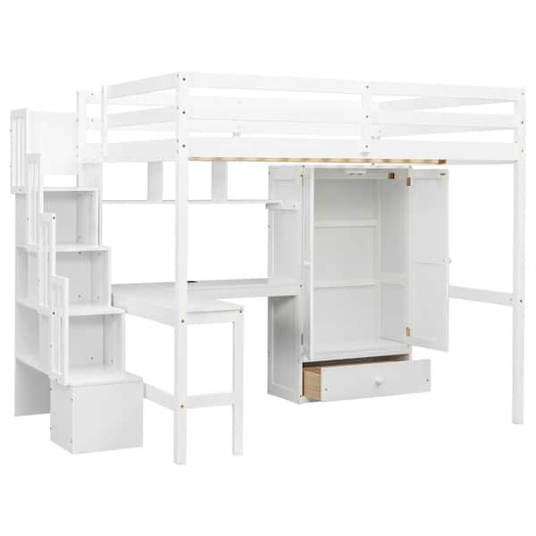Nestfair White Full Wood Loft Bed with Safety Guardrails,Desk,Wardrobe ...