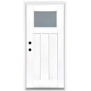 36 in. x 80 in. Smooth White Right-Hand Inswing Frosted Craftsman Finished Fiberglass Prehung Front Door