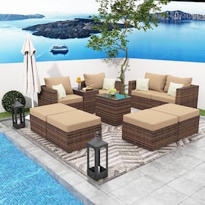 Brown Wicker 8 Seat 10 Pieces Steel Outdoor Patio Sectional Set with Yellow Cushions and Tempered Glass Top Coffee Table