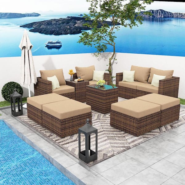 Tenleaf Brown Wicker 8 Seat 10 Pieces Steel Outdoor Patio Sectional Set with Yellow Cushions and Tempered Glass Top Coffee Table