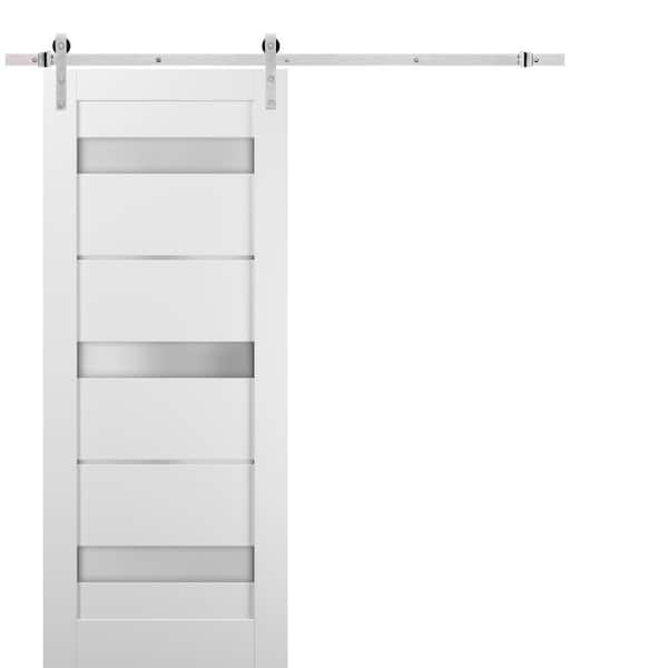 Sartodoors 28 in. x 80 in. 3 Lites Frosted Glass White Finished Pine Wood MDF Sliding Barn Door with Hardware Kit