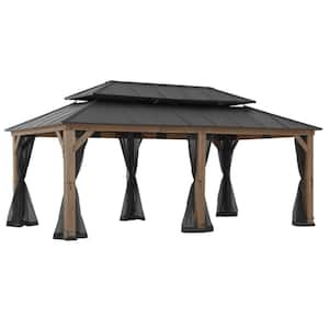 12 ft. x 20 ft. Outdoor Patio Steel Hardtop Gazebo, Cedar Framed Wooden Gazebo with 2-tier Metal Roof for Patios, Brown