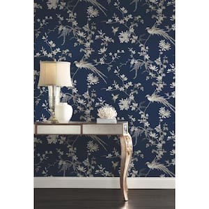 Ronald Redding Blue Bird and Blossom Chinoserie Paper Unpasted Matte Wallpaper (27 in. x 27 ft.)