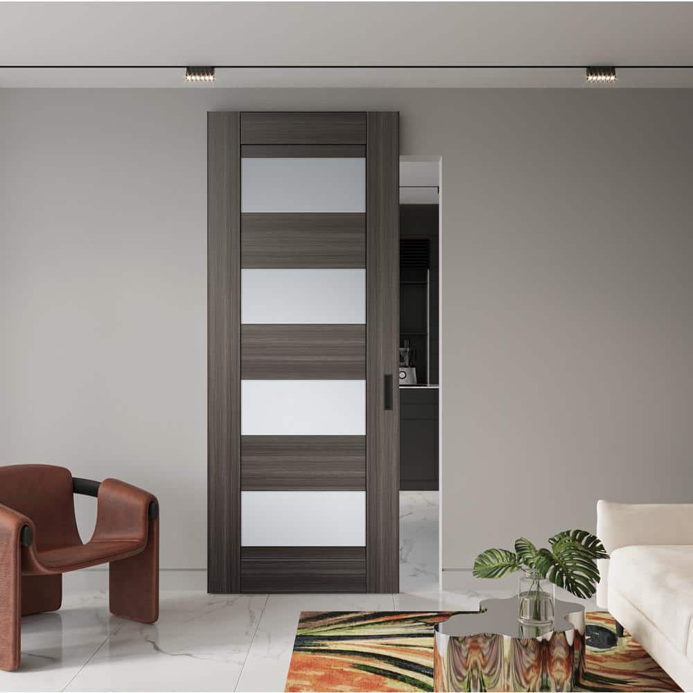 Gray Oak 24" Frosted Glass Solid Core Sliding Barn Door Kit