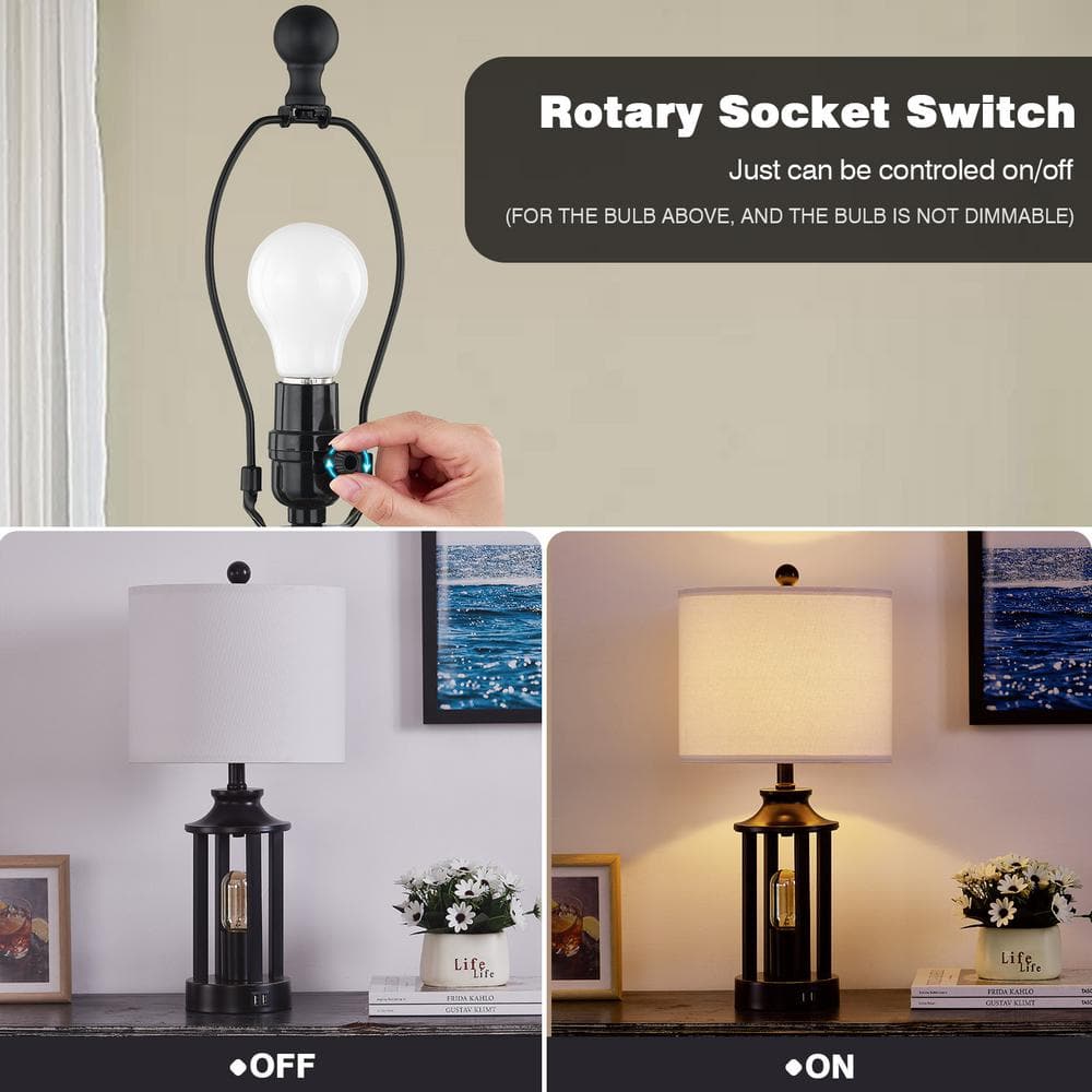 23.6" Black Matte Metal Table Lamp Set with White Linen Drum Shade