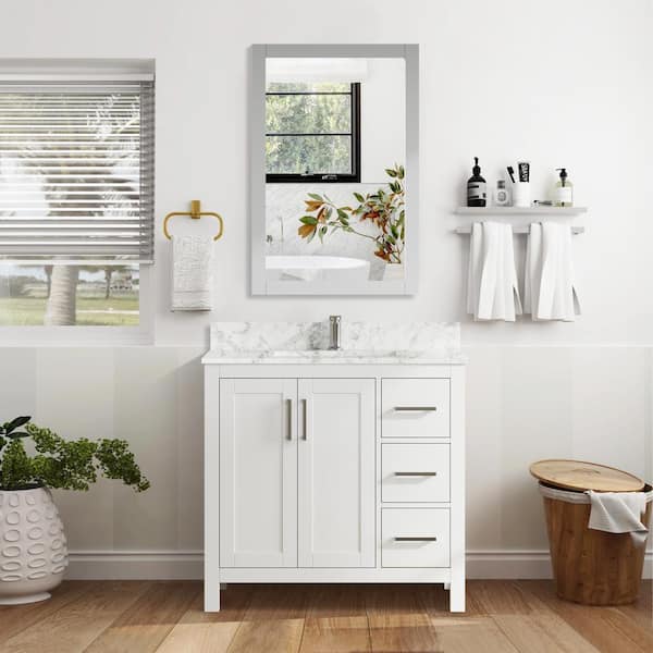 ANGELES HOME 36 in. W x 22 in. D Solid Wood Freestanding White Bath Vanity with Carrara White Marble Top and Single Ceramic Sink