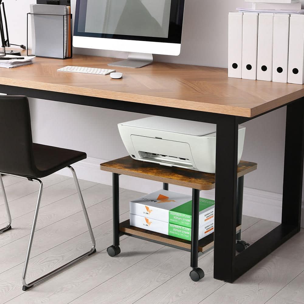 Brown 2-Tier Rolling Under Desk Printer Stand with Storage Shelves