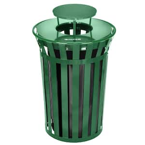 38 Gal. Green Metal Slatted Outdoor Commercial Trash Can Receptacle with Rain Bonnet Lid