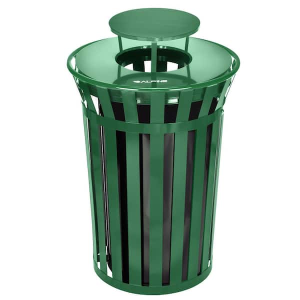 38 Gal. Green Metal Slatted Outdoor Commercial Vented Trash Can Receptacle with Rain Bonnet Lid
