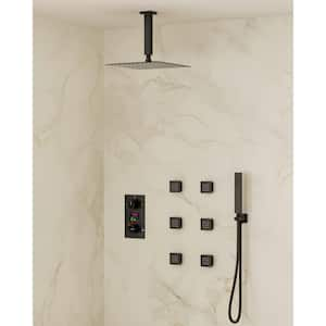 3-Spray 12 in. Ceiling Mount Dual Fixed and Handheld Shower Head and LCD Display with Valve in Matte Black