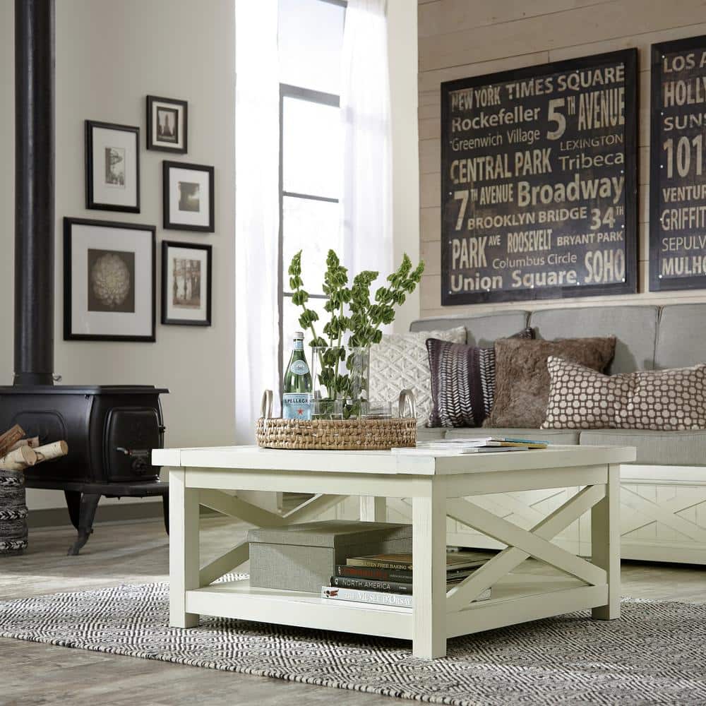 Seaside Lodge Square Off-White Wood Coffee Table with Open Storage