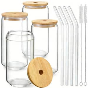 4-Pack 16 oz. Glass Cups with Bamboo Lids and Straws, Drinking Glasses Set, Iced Coffee, Tea Cup