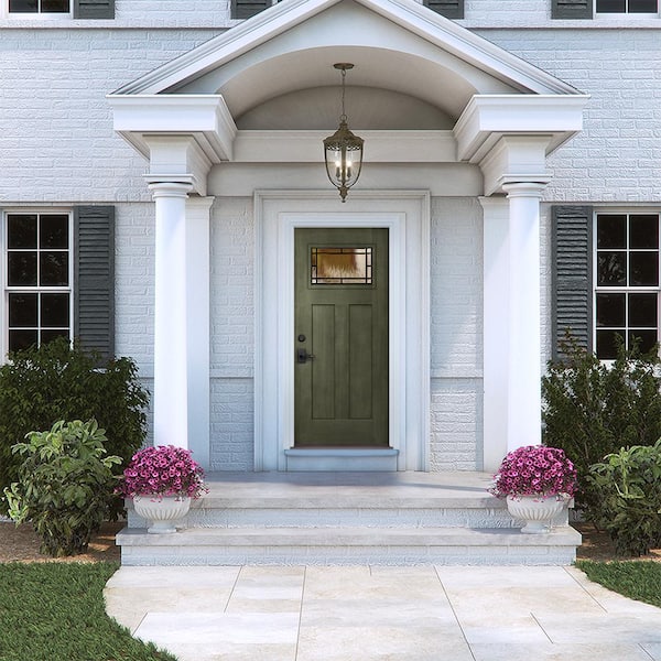 36 in. x 80 in. Right-Hand 1-Lite Craftsman Wendover Juniper Stained Fiberglass Prehung Front Door with Brickmould