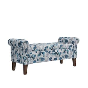 Blue Floral Bonsai Fabric Traditional Rolled Arm Rectangular Storage Bench 56.5 in. Ottoman with Nailheads