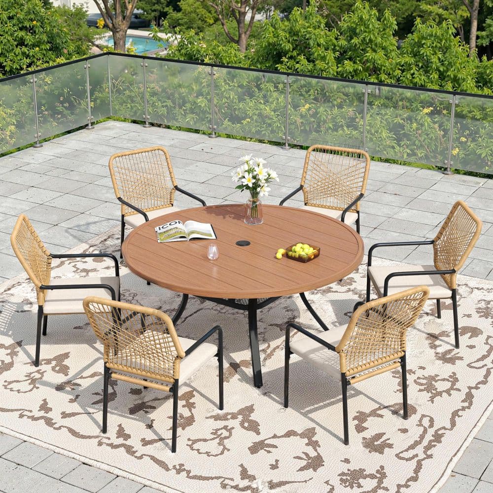 7-Piece Metal Outdoor Dining Set with 47.2 in. Walnut Round Table and 6 Woven Rattan Chairs with Beige Cushions price history on PriceWatchPro