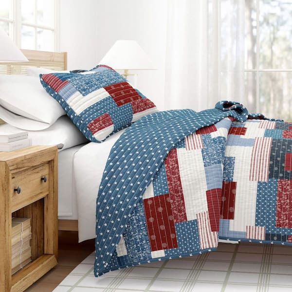 Blue Red, White, and Blue Patchwork 3-Piece Full / Queen Microfiber Quilt Set