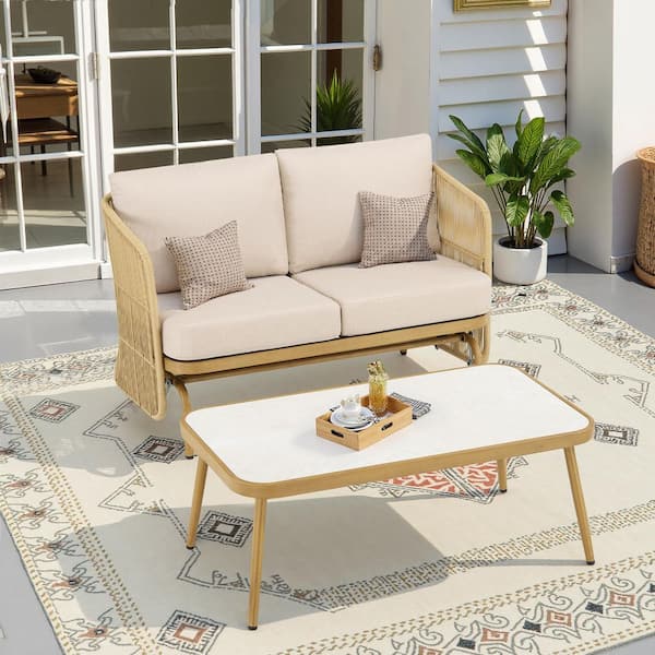 2-Person Metal and Wicker Outdoor Glider Set with Coffee Table with Beige Cushion