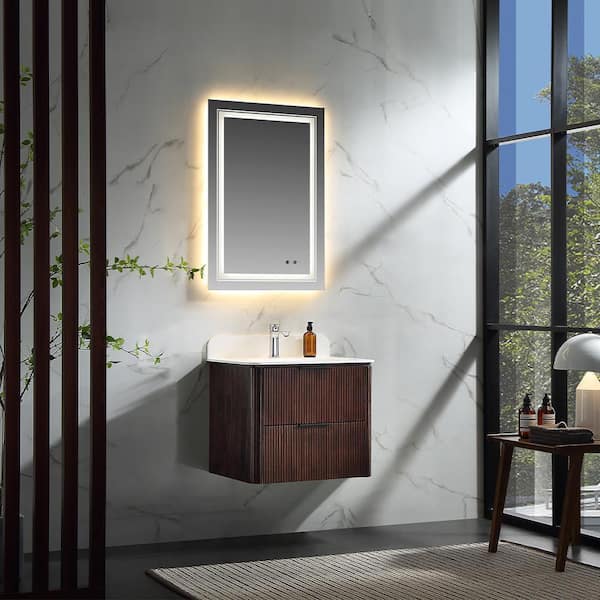 Wenlorin 24 in. Single Sink Floating Walnut Bath Vanity with White Acrylic Top Pre-Assembled