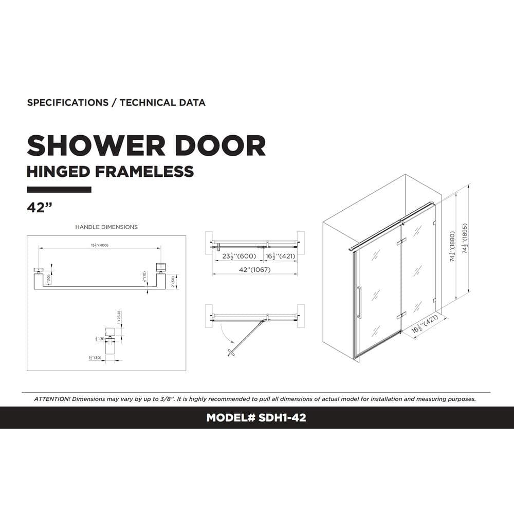 42'' Polished Chrome Hinged Frameless Shower Door with Clear Tempered Glass
