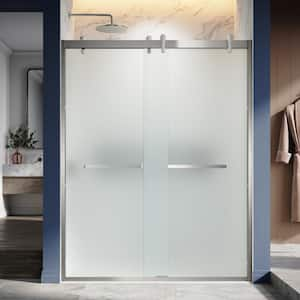 UKD08 60 in. W x 76 in. H Double Sliding Semi-Frameless Shower Door Brushed Nickel EnduroShield 5/16 in. Acid-Etch Glass