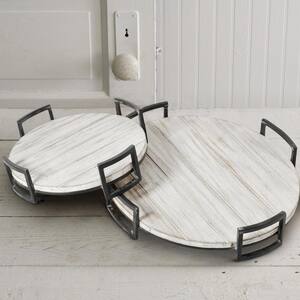 Distressed White Plank Top Round Wooden Trays with Metal Handles (Set of 2)