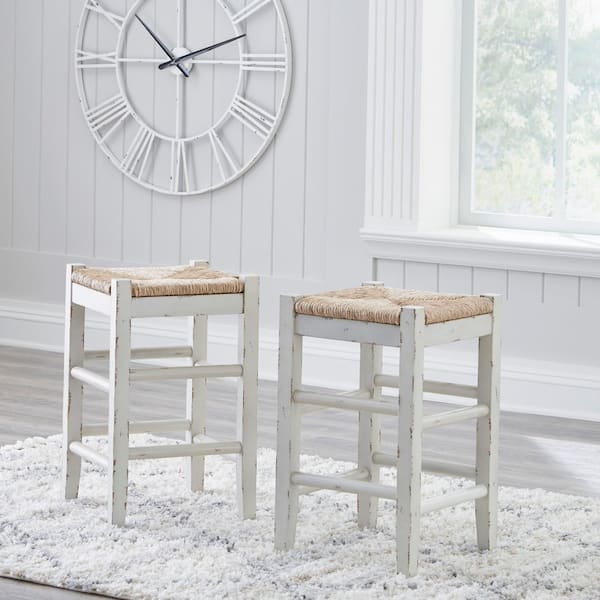 Mirimyn Distressed White / Light Brown Water Hyacinth Counter Height Bar Stool