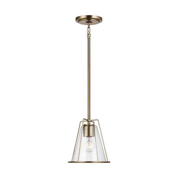 Generation Lighting Framework 1-Light Satin Brass Hanging Pendant with Clear Glass Shade